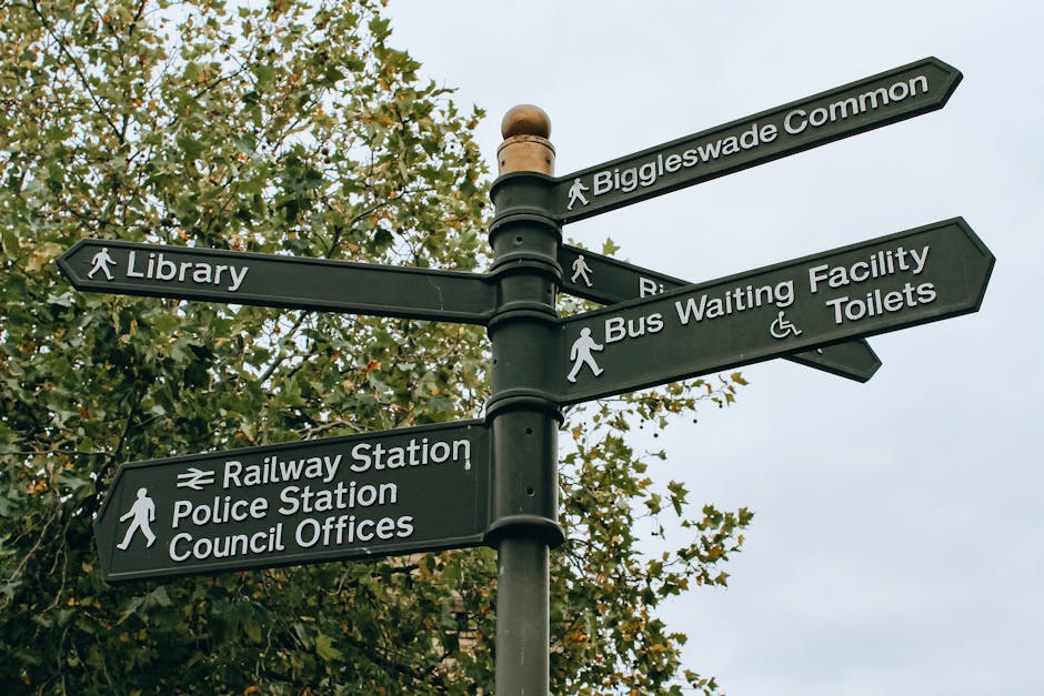 A black multi-directional street signpost mounted on a metal pole with a rounded top, situated outdoors against a background of leafy green trees and an overcast sky. The signpost features white lettering and icons indicating directions to locations such as Biggleswade Common, the library, railway station, police station, council offices, bus waiting facility, and toilets. The signs are positioned at various angles, with some pointing horizontally and others slightly upward or downward, indicating the different routes and destinations in the area. The signpost is part of a residential or town environment, typical for guiding pedestrians and visitors through local amenities and transportation points, which aligns with house removals and moving logistics in the area as managed by Belsize Park Removals.